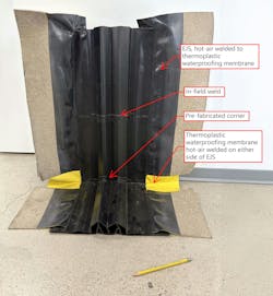 Full-scale mockup of thermoplastic EJS, integrated with a thermoplastic below-grade waterproofing membrane. Components will vary by manufacturer Full-scale mockup of thermoplastic EJS, integrated with a thermoplastic below-grade waterproofing membrane. Components will vary by manufacturer
