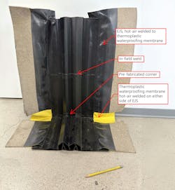 Full-scale mockup of thermoplastic EJS, integrated with a thermoplastic below-grade waterproofing membrane. Components will vary by manufacturer Full-scale mockup of thermoplastic EJS, integrated with a thermoplastic below-grade waterproofing membrane. Components will vary by manufacturer