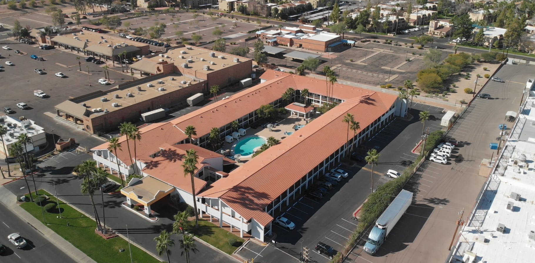 Aerial view of Venture on Country Club, Neighborhood Ventures'' first hotel-to-housing conversion.