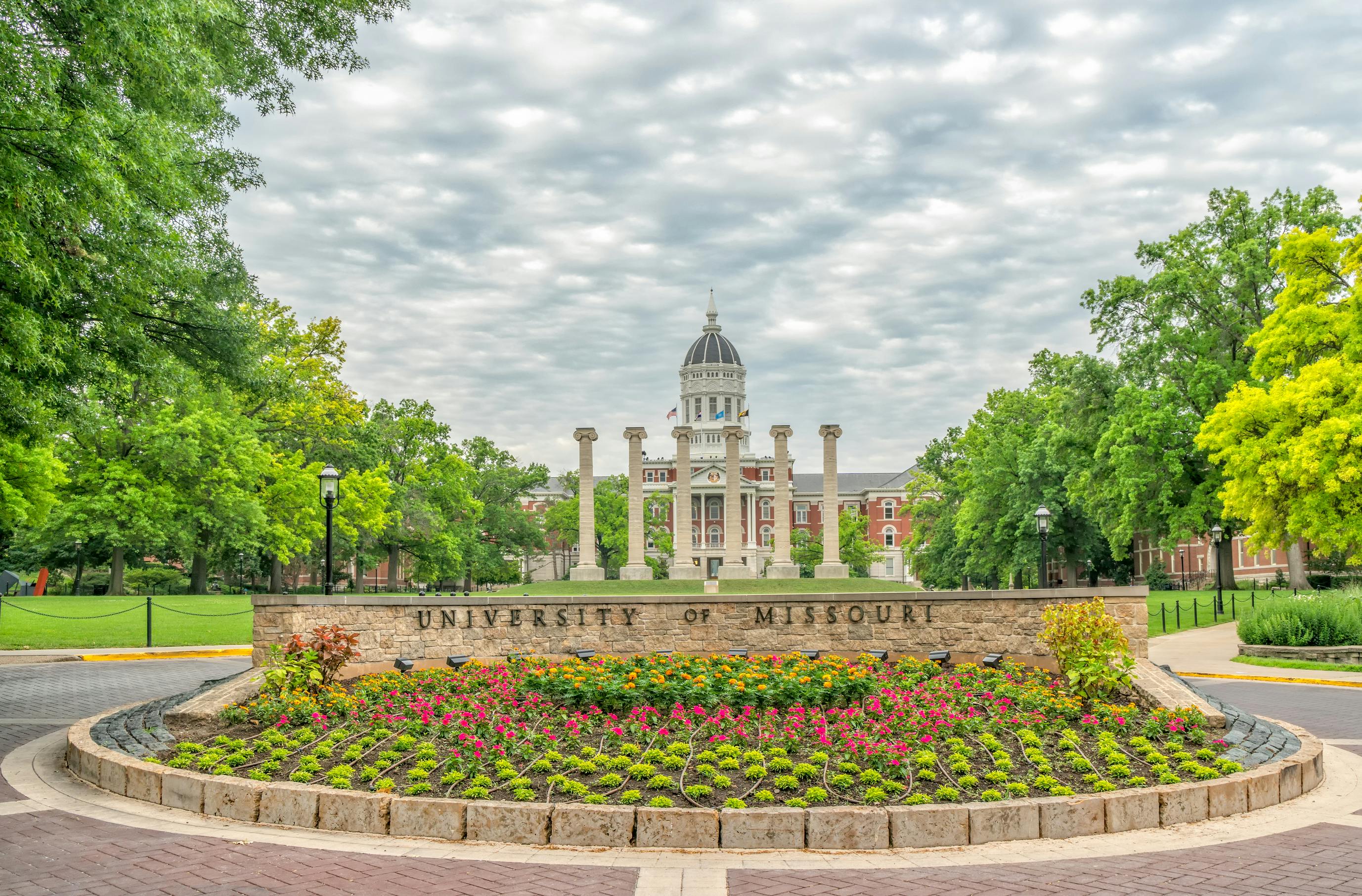 Entrance to the University of Missouri. COLUMBIA, MO/USA - JUNE 9 , 2018: University of Missouri campus entrance and gardens.