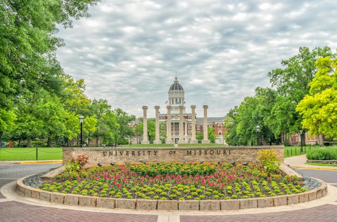 Entrance to the University of Missouri. COLUMBIA, MO/USA - JUNE 9 , 2018: University of Missouri campus entrance and gardens.