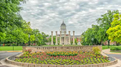 Entrance to the University of Missouri. COLUMBIA, MO/USA - JUNE 9 , 2018: University of Missouri campus entrance and gardens.