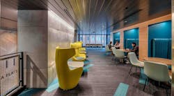 The Arcadia Flats study lounge at Western Michigan University features study pods with an abundance of outlets and bright design colors The Arcadia Flats study lounge at Western Michigan University features study pods with an abundance of outlets and bright design colors