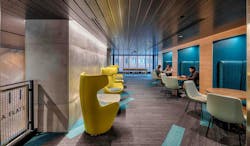 The Arcadia Flats study lounge at Western Michigan University features study pods with an abundance of outlets and bright design colors The Arcadia Flats study lounge at Western Michigan University features study pods with an abundance of outlets and bright design colors