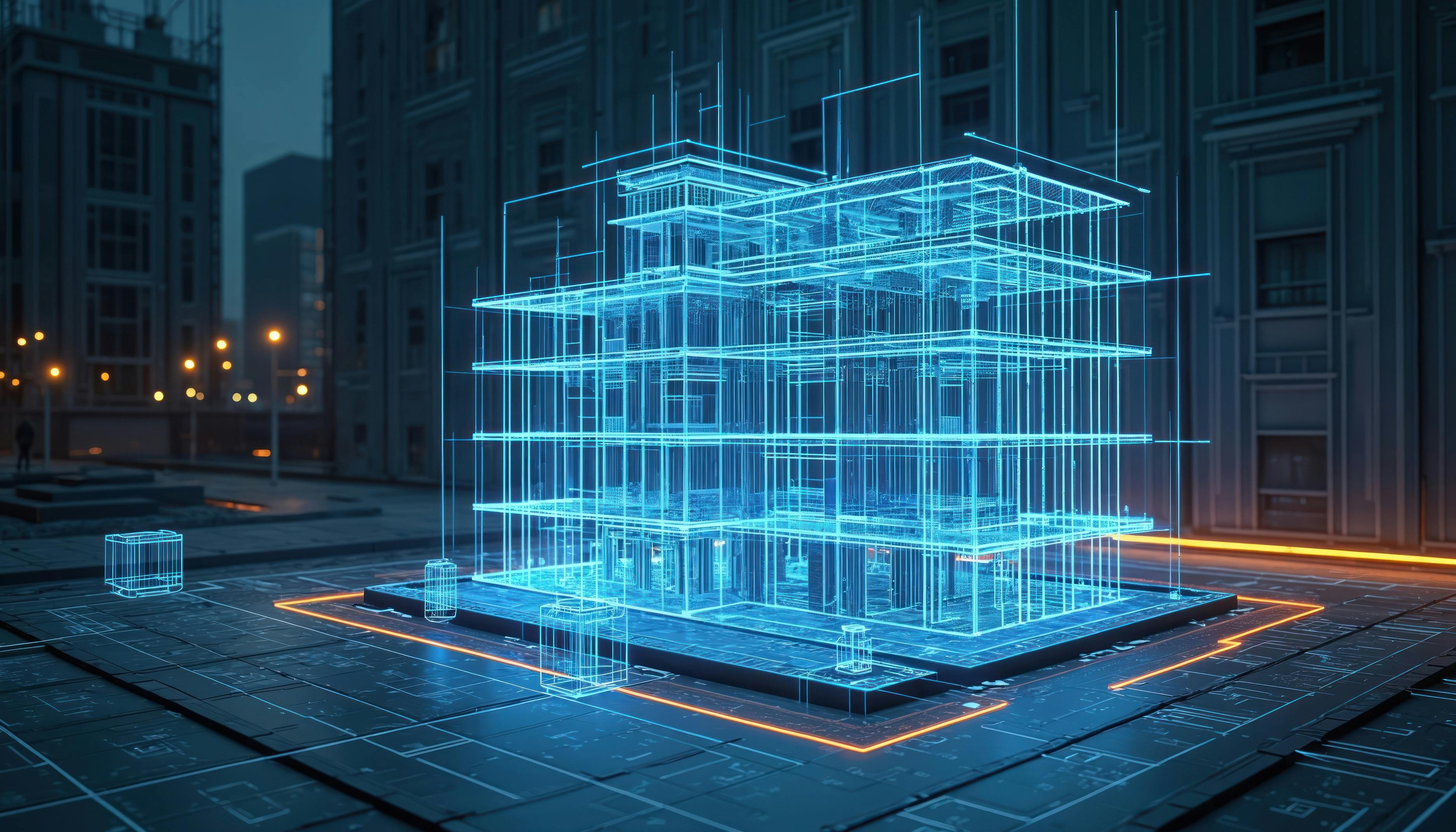 Digital twin construction project progress. Three-dimensional visualisation of building development with material usage, timeline management. Modern tech futuristic design. Concept for. AI generated