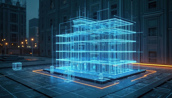 Digital twin construction project progress. Three-dimensional visualisation of building development with material usage, timeline management. Modern tech futuristic design. Concept for. AI generated