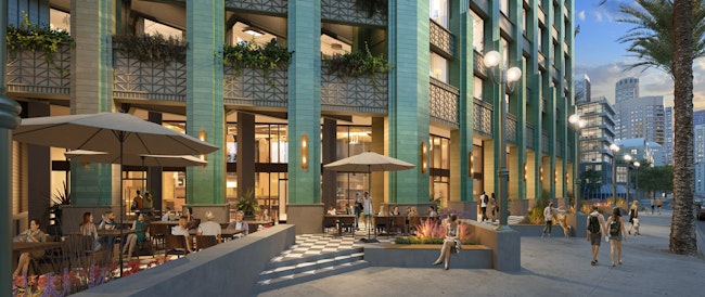 KTGY’s Upcycle Tower concept proposes an updated plaza outside a converted building that would provide seating and connect to adjacent commercial spaces