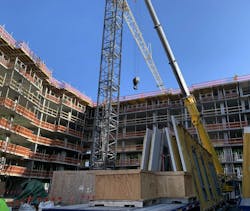 Prefabricated facade assemblies are ready for installation by Clark Pacific (prefab subcontractor) at Cal Poly Humboldt, Arcata. Photo courtesy Clark Pacific Prefabricated facade assemblies are ready for installation by Clark Pacific (prefab subcontractor) at Cal Poly Humboldt, Arcata. Photo courtesy Clark Pacific