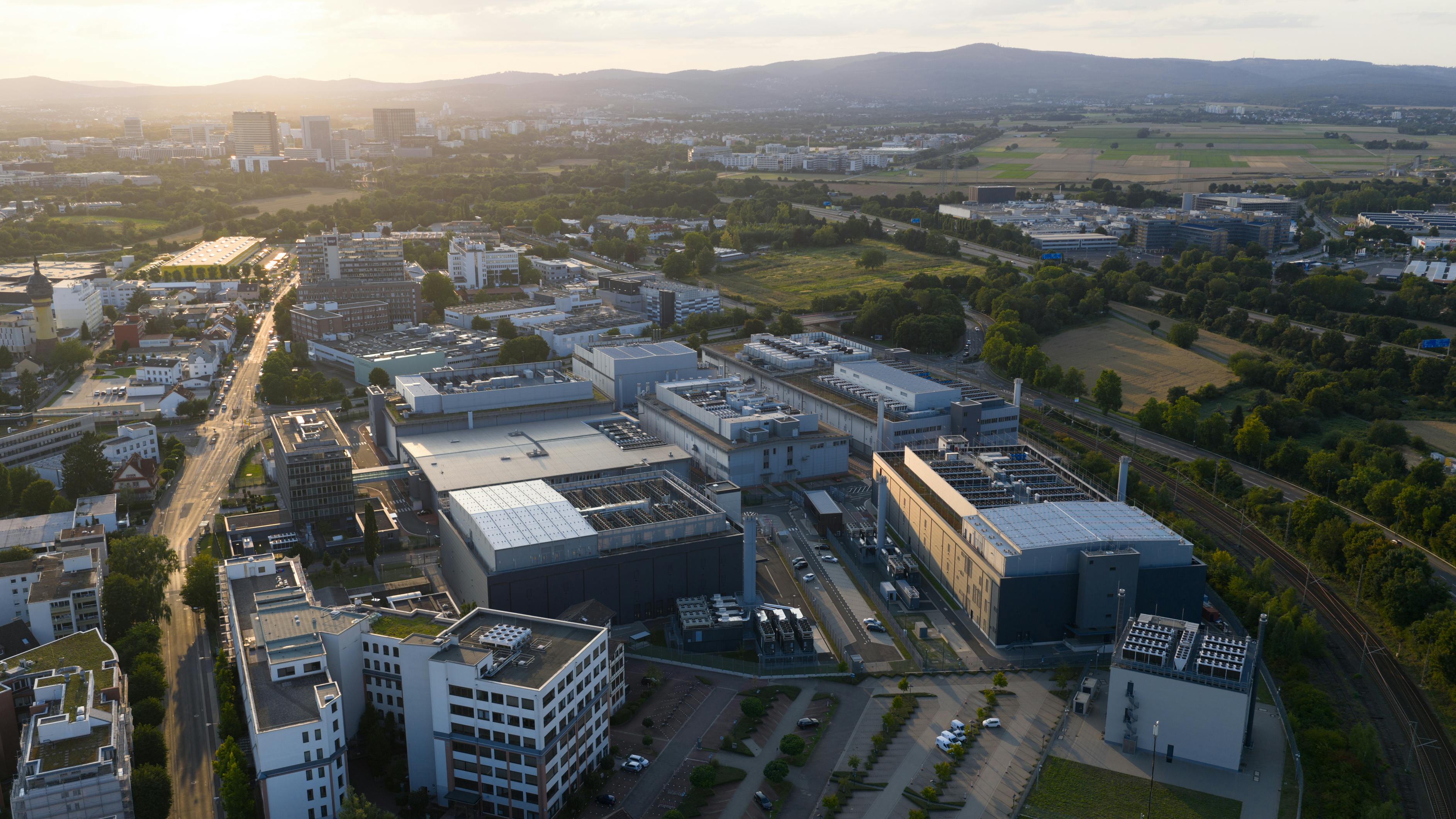 Data center exterior building. Big data, machine learnings, AI, and cloud ocmputing on industrial scale. Frankfurt, Germany. Aerial view.