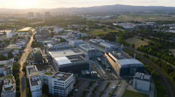 Data center exterior building. Big data, machine learnings, AI, and cloud ocmputing on industrial scale. Frankfurt, Germany. Aerial view.