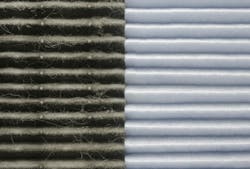 Indoor air quality, two filters comparision. Symmetrical comparison of two air filters, clean and dirty. Air purifier effect on left presenting pollution of air in Cracow city. Indoor air quality, two filters comparision. Symmetrical comparison of two air filters, clean and dirty. Air purifier effect on left presenting pollution of air in Cracow city.