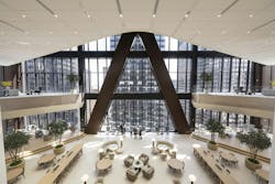Morgan Hall, within JPMorgan Chase's new headquarters building in New York City, brings more natural light indoors. Morgan Hall, within JPMorgan Chase's new headquarters building in New York City, brings more natural light indoors.