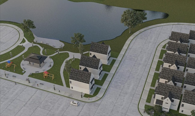 Rendering of HIVEASMBLD AND ECO MATERIAL TECHNOLOGIES' ZURI GARDENS, HOUSTON’S FIRST 3D-PRINTED HYBRID HOME COMMUNITY