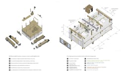 This illustration shows how mass timber components will be transported and be used in guestroom construction. This illustration shows how mass timber components will be transported and be used in guestroom construction.