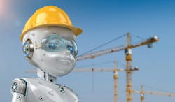 Engineer robot with safety helmet. 3d rendering engineer robot wearing yellow safety helmet Engineer robot with safety helmet. 3d rendering engineer robot wearing yellow safety helmet