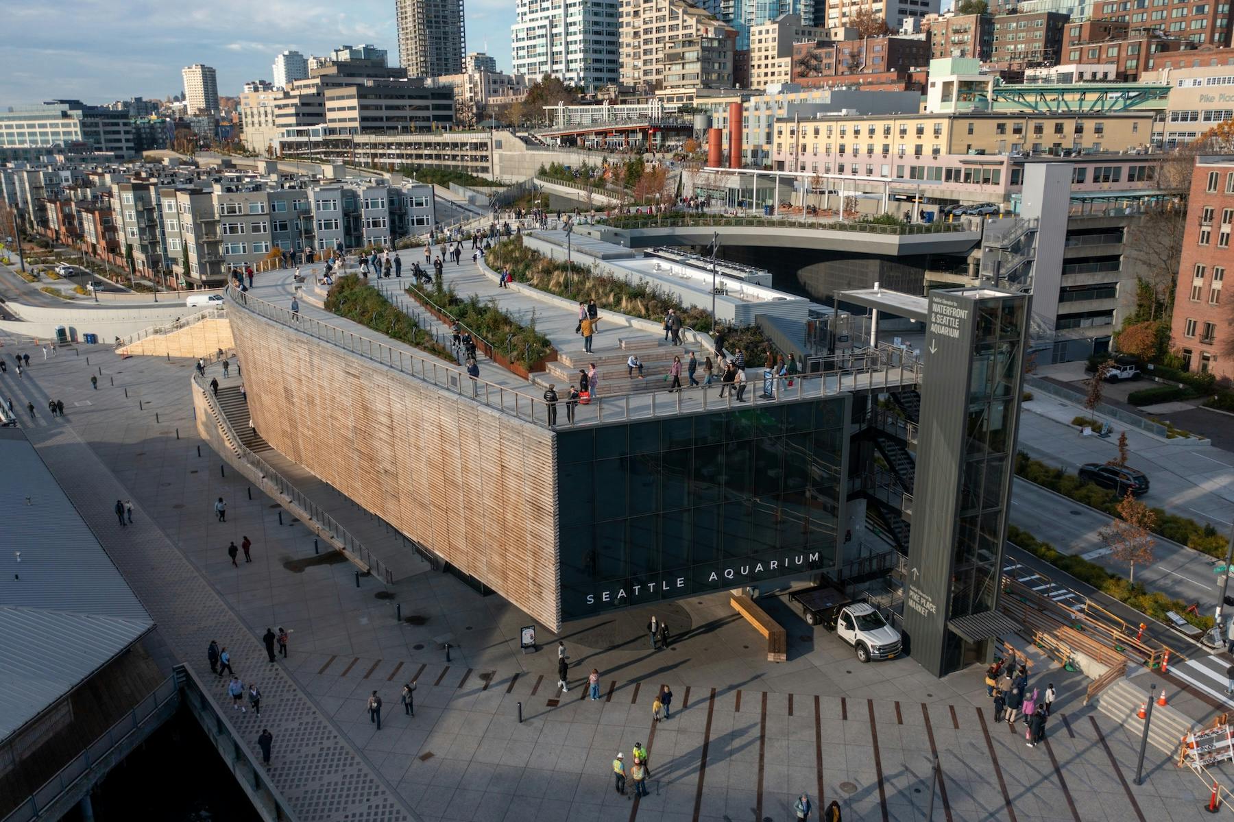 An aerial view of the Seattle Aquarium in Washington State, which recently opened a 19-exhibiit Ocean Pavilion.