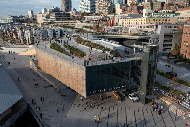 An aerial view of the Seattle Aquarium in Washington State, which recently opened a 19-exhibiit Ocean Pavilion.