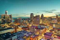 Detroit, Michigan, USA Downtown Skyline. Detroit, Michigan, USA downtown rooftop skyline from above at dusk Detroit, Michigan, USA Downtown Skyline. Detroit, Michigan, USA downtown rooftop skyline from above at dusk