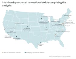 JLL looked at 18 innovation districts connected to 25 universities to assess those districts' relative investment benefits. JLL looked at 18 innovation districts connected to 25 universities to assess those districts' relative investment benefits.