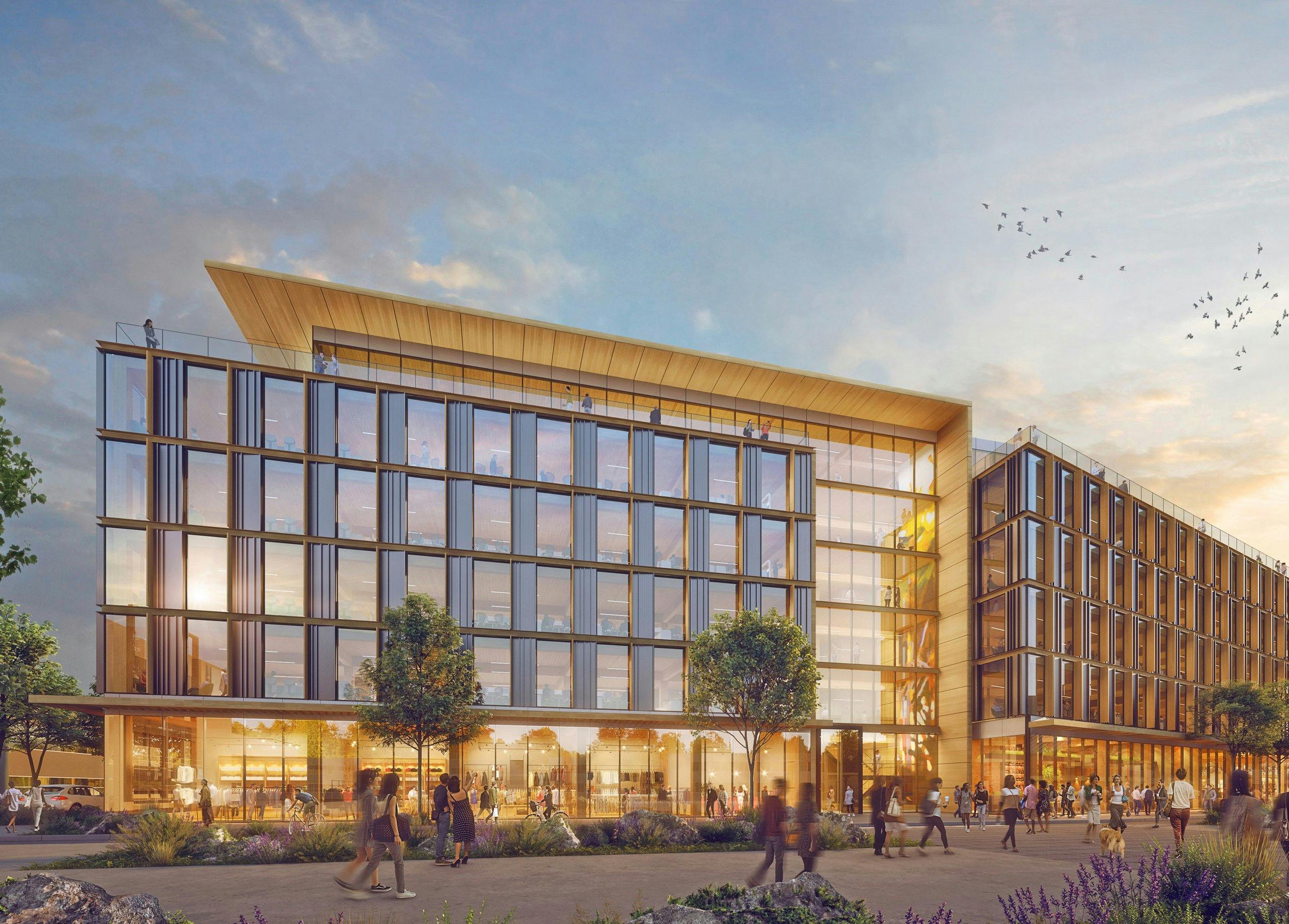 Paying tribute to Maine&apos;s timber heritage, 100 Rock Row is the state&apos;s first CLT (cross-laminated timber) office building. It combines renewable materials, daylight, and biophilic design to reduce carbon, improve wellness, and boost productivity