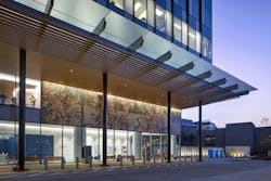 Cherry blossom mural at the entrance of the building Cherry blossom mural at the entrance of the building