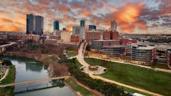 Ariel view of downtown Fort Worth, Texas taken at sunset with Trinity River in the foreground Ariel view of downtown Fort Worth, Texas taken at sunset with Trinity River in the foreground