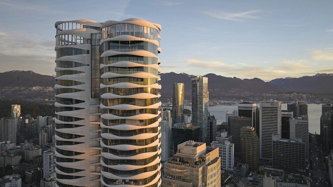 The tower's undulating facade takes its design cues from the movement of butterflies and clouds.