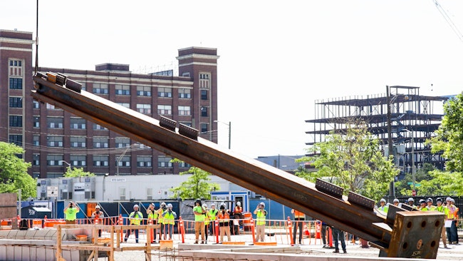 The world&rsquo;s first ever W14x1000 column is lifted and prepared to be set at the Henry Ford Health: Destination Grand project in Detroit