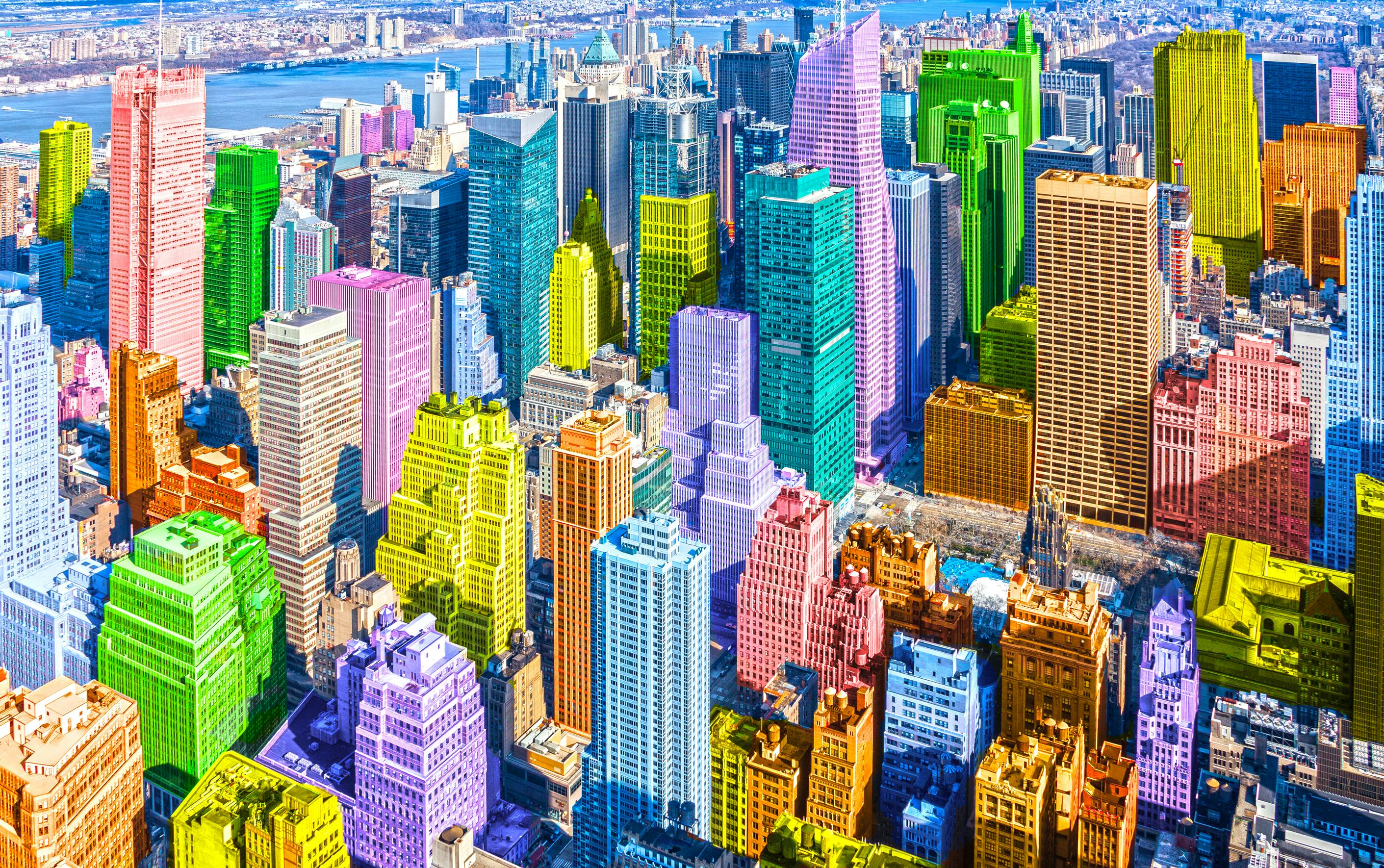 Colorful pop art styled New York City NYC Manhattan diverse diversity concept. Aerial drone type shot with different buildings in vibrant different rainbow colours.
