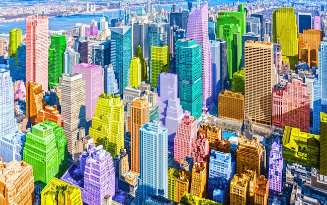 Colorful pop art styled New York City NYC Manhattan diverse diversity concept. Aerial drone type shot with different buildings in vibrant different rainbow colours.