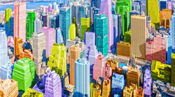 Colorful pop art styled New York City NYC Manhattan diverse diversity concept. Aerial drone type shot with different buildings in vibrant different rainbow colours.