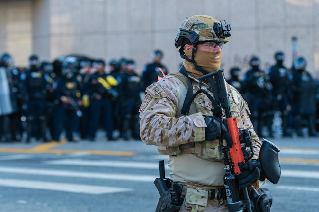 Border Patrol Agent during anti ICE protest in downtown LA.