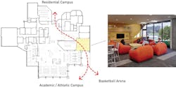 The placement of this student lounge leverages Norse Commons’ central location. Situated along a heavily travelled pathway between residence halls and the academic and athletic campus, the lounge invites students to linger and connect before or after games. Images courtesy GBBN The placement of this student lounge leverages Norse Commons’ central location. Situated along a heavily travelled pathway between residence halls and the academic and athletic campus, the lounge invites students to linger and connect before or after games. Images courtesy GBBN