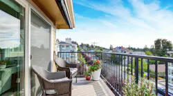 Apartment house exterior in Seattle. Balcony view. Northwest, USA