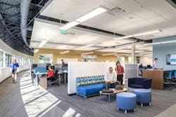 Incorporating a half-height partition perpendicular to the window plane, like we did at the Merit Network, can reflect daylight deeper into a space. Photo courtesy Quinn Evans Incorporating a half-height partition perpendicular to the window plane, like we did at the Merit Network, can reflect daylight deeper into a space. Photo courtesy Quinn Evans