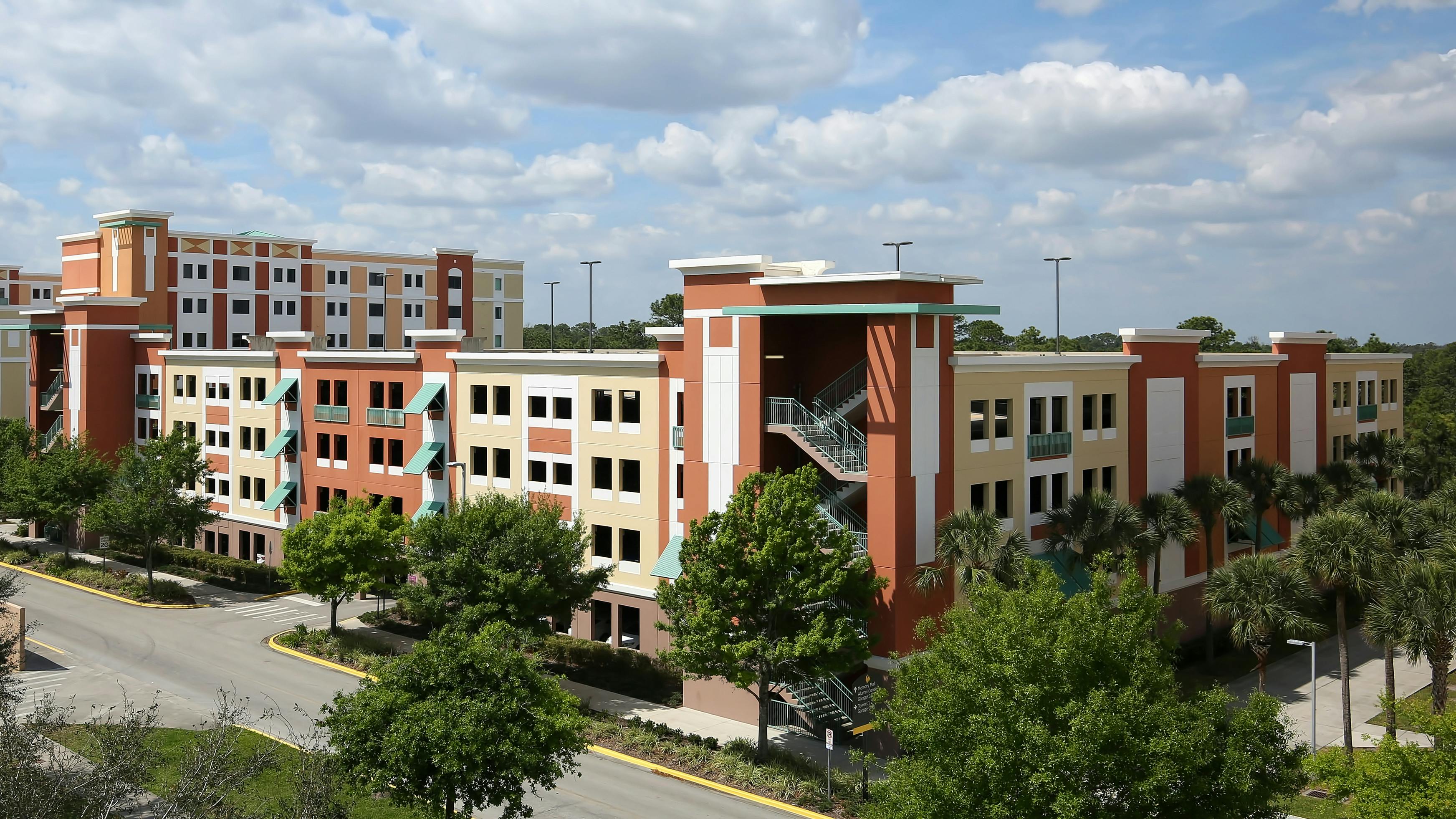 Student housing at the University of Central Florida. ORLANDO, FLORIDA, USA - MARCH 15, 2019: Aerial view of the University of Central Florida`s Towers at Knight Plaza housing and residence buildings.