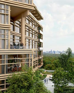 The design positions timber not only as a structural element but also an aesthetic driver of the elegant facade, which can be enjoyed directly from a series of outdoor rooms and indirectly from adjacent roadways and regional trails. Photo courtesy Mithun The design positions timber not only as a structural element but also an aesthetic driver of the elegant facade, which can be enjoyed directly from a series of outdoor rooms and indirectly from adjacent roadways and regional trails. Photo courtesy Mithun