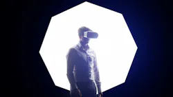 The VR headset design is generic and no logos, Man wearing virtual reality goggles watching movies or playing video games. Standin. Man wearing virtual reality goggles watching movies or playing video games. Standing near the window, side view, white background The VR headset design is generic and no logos, Man wearing virtual reality goggles watching movies or playing video games. Standin. Man wearing virtual reality goggles watching movies or playing video games. Standing near the window, side view, white background