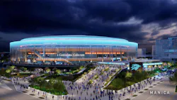 Elevated main entrance leading to grand podium. Courtesy MANICA Architecture Elevated main entrance leading to grand podium. Courtesy MANICA Architecture