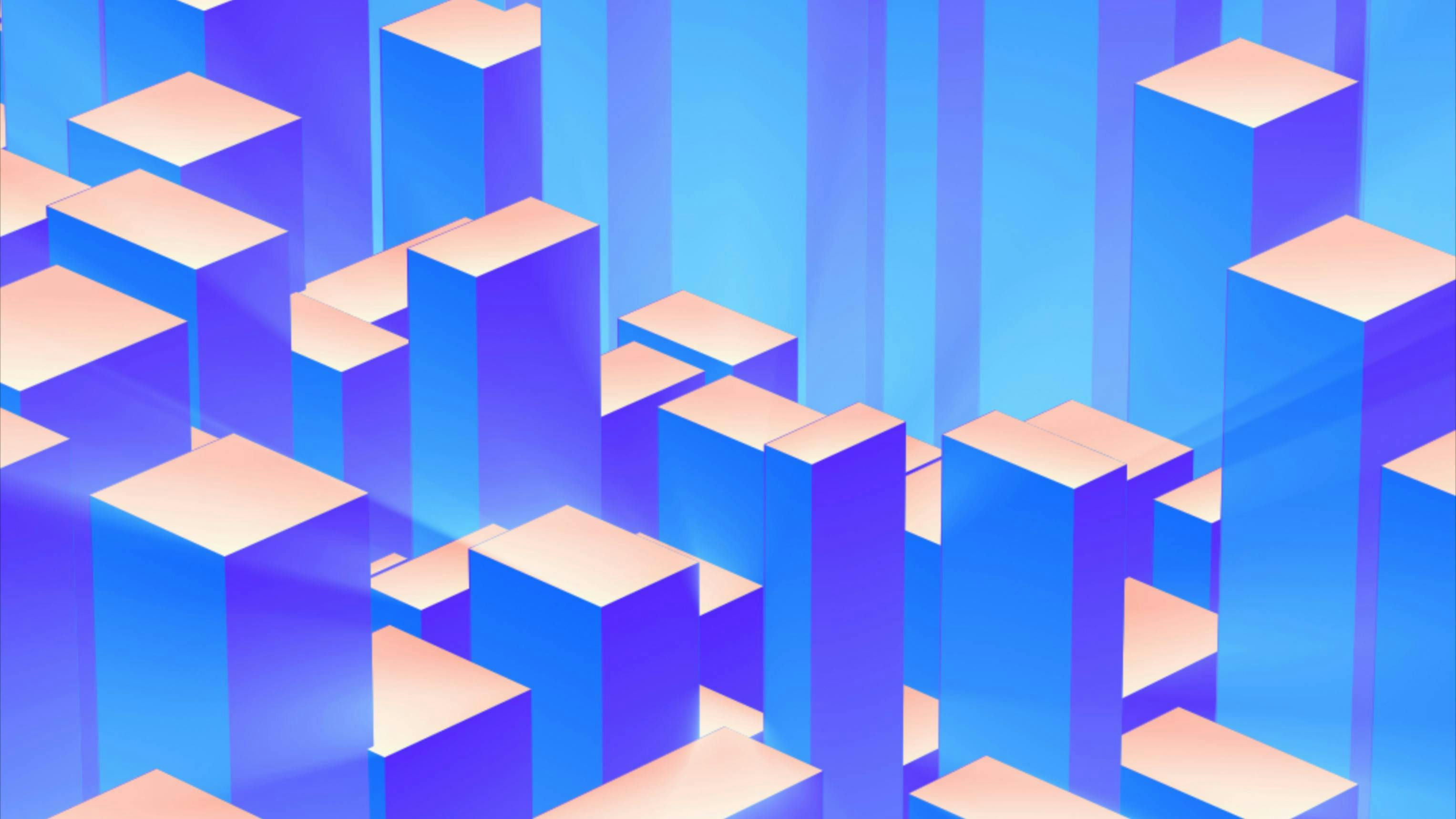 Abstract geometric cityscape made of glowing blue and purple blocks, representing data growth, analytics, and digital architecture.