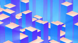 Abstract geometric cityscape made of glowing blue and purple blocks, representing data growth, analytics, and digital architecture.