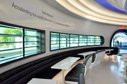 Interior view of the Tesla© Diner allows guests to maintain clear sightlines to their vehicles while charging. Interior view of the Tesla© Diner allows guests to maintain clear sightlines to their vehicles while charging.