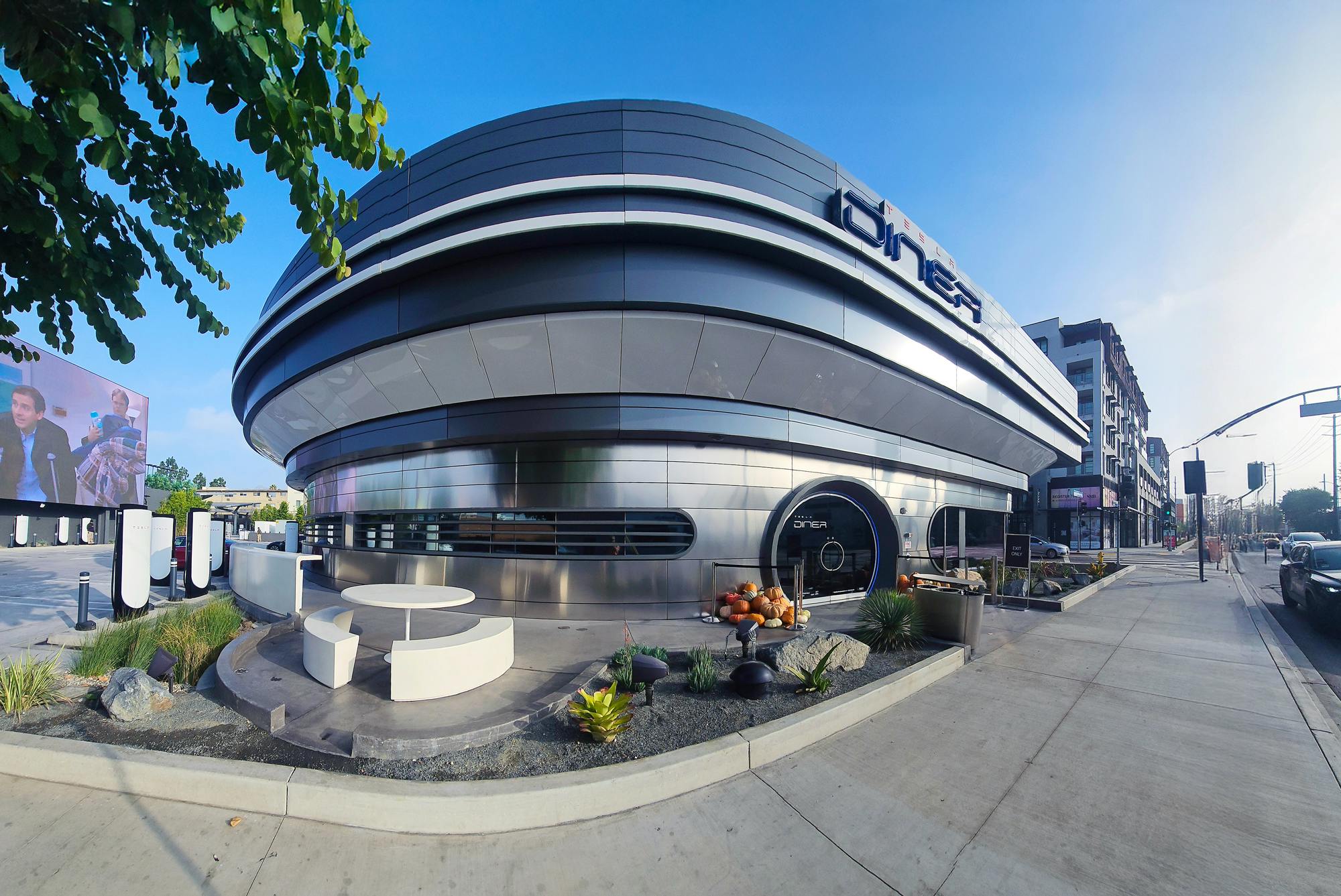 Tesla&copy; Diner with 250+ seats for dining and 80 Supercharger Stalls in Hollywood, CA.