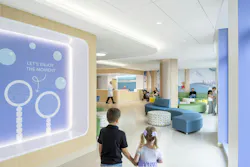 Bright colors and playful graphics serve as intuitive visual cues, helping reduce anxiety and support decision‑making when attention and patience are limited. Photo courtesy CannonDesign Bright colors and playful graphics serve as intuitive visual cues, helping reduce anxiety and support decision‑making when attention and patience are limited. Photo courtesy CannonDesign