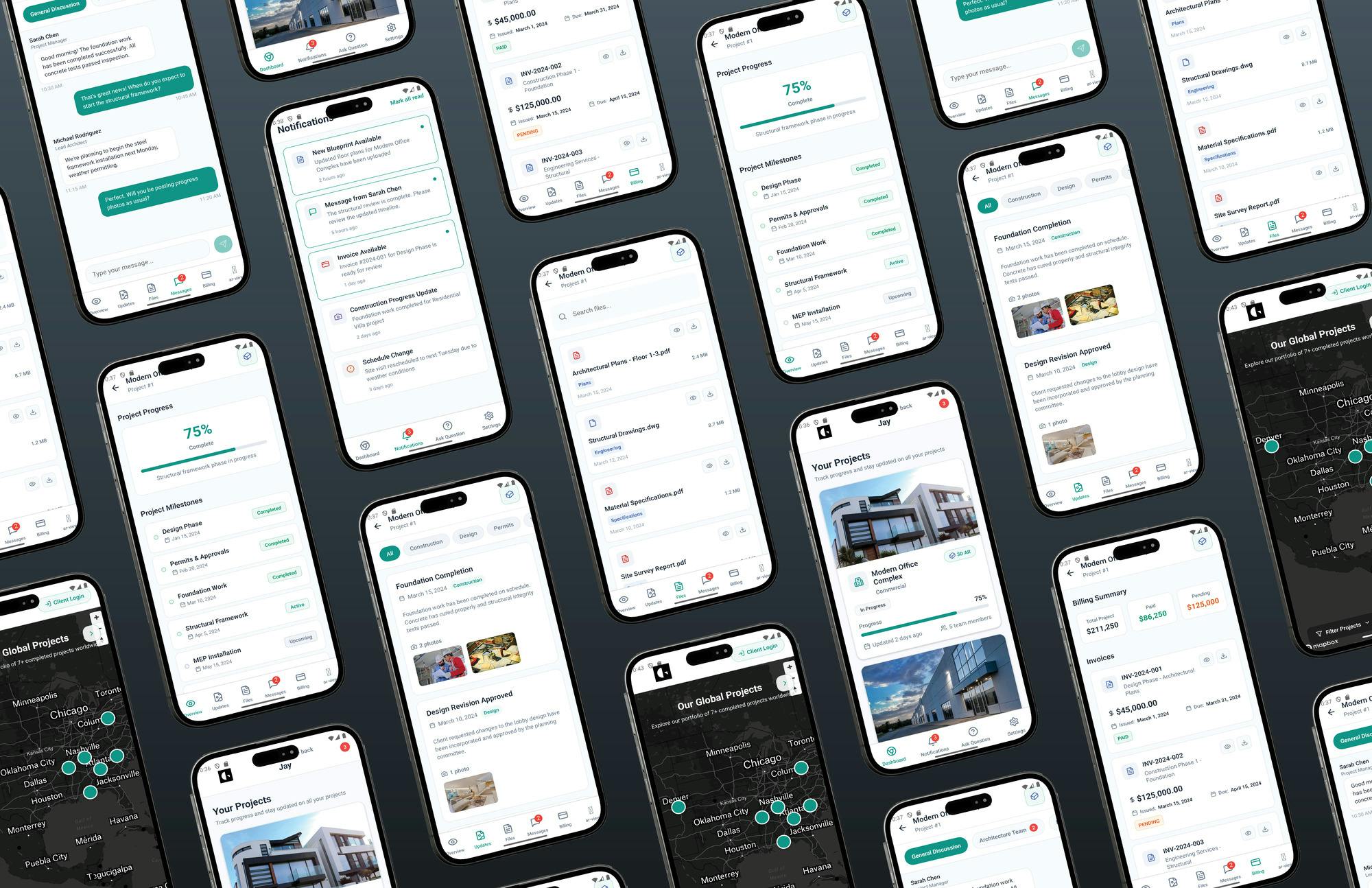 A collection of Aether screens showcases the platform&rsquo;s mobile-first toolkit for project communication, documentation, progress tracking, and billing. Photo courtesy Gresham Smith