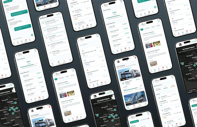 A collection of Aether screens showcases the platform&rsquo;s mobile-first toolkit for project communication, documentation, progress tracking, and billing. Photo courtesy Gresham Smith