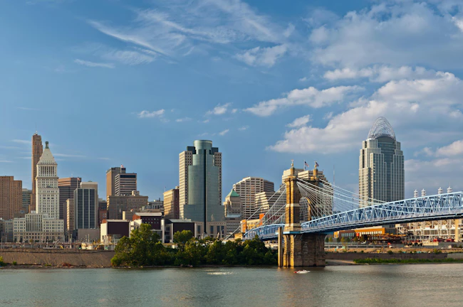 Cincinnati skyline. Image of Cincinnati skyline and historic suspension bridge cross Ohio River.