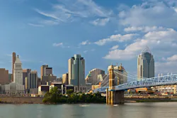 Cincinnati skyline. Image of Cincinnati skyline and historic suspension bridge cross Ohio River. Cincinnati skyline. Image of Cincinnati skyline and historic suspension bridge cross Ohio River.