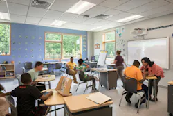 Classrooms feature layered lighting with dimming capability and generous windows oriented toward the campus landscape to support sensory regulation throughout the school day. Photo © James Ewing Photography Classrooms feature layered lighting with dimming capability and generous windows oriented toward the campus landscape to support sensory regulation throughout the school day. Photo © James Ewing Photography