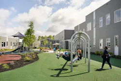 Outdoor spaces are designed to support the developmental arc of the students, moving from protected, homelike settings toward greater independence and connection with the broader campus community. Photo © James Ewing Photography Outdoor spaces are designed to support the developmental arc of the students, moving from protected, homelike settings toward greater independence and connection with the broader campus community. Photo © James Ewing Photography